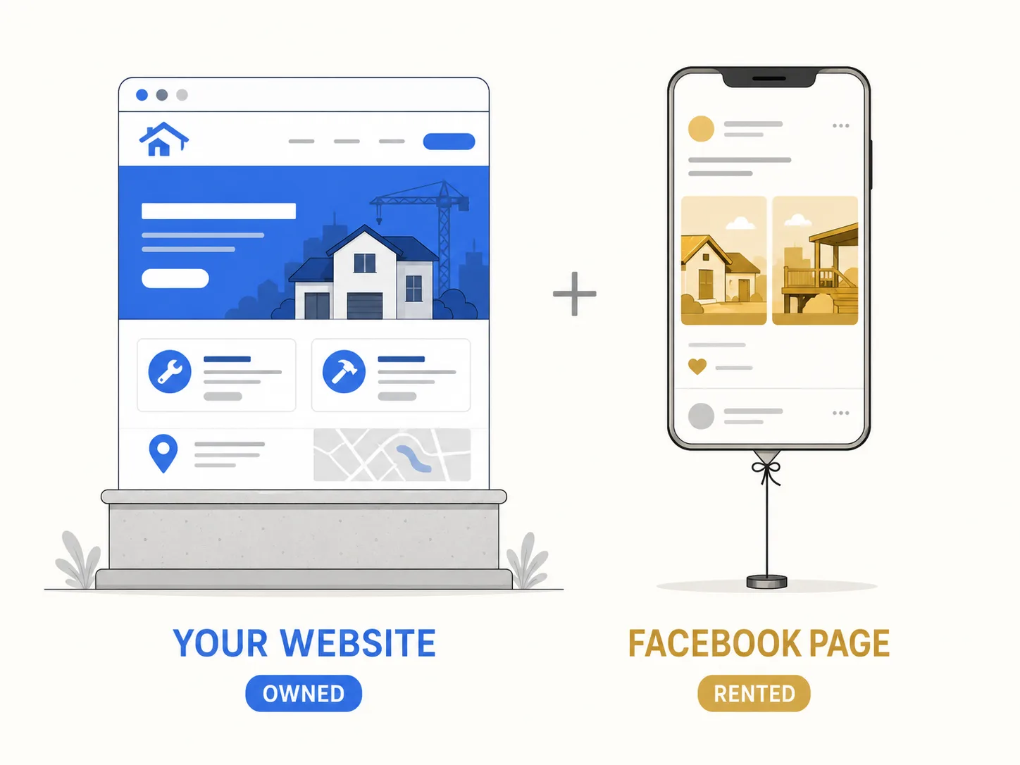 A flat illustration contrasting two labelled panels — 'Your Website, Owned', a browser window on a solid foundation, versus 'Facebook Page, Rented', a generic social feed on a phone tethered like a balloon above the ground — with a plus sign between them showing the two work together.