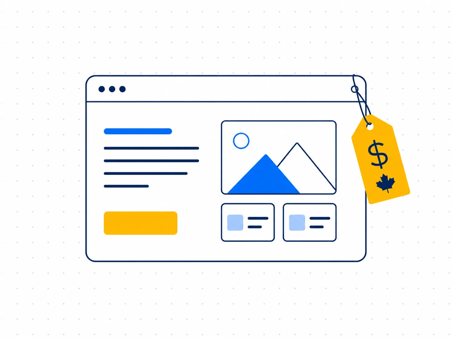 A flat illustration of a website in a browser window with a price tag hanging from its top corner, the tag marked with a dollar sign and a maple leaf — the cost of a website in Canadian dollars.