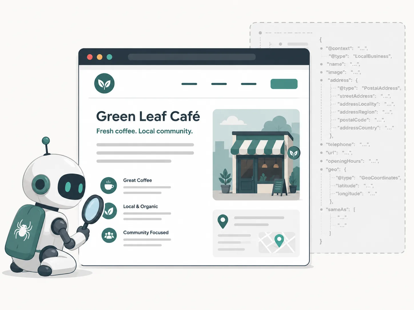 A flat illustration of a crawler robot holding a magnifying glass, reading a local café's website in a browser window, while a faint dashed-outline panel of the site's LocalBusiness structured-data code sits greyed out and disconnected to the side.