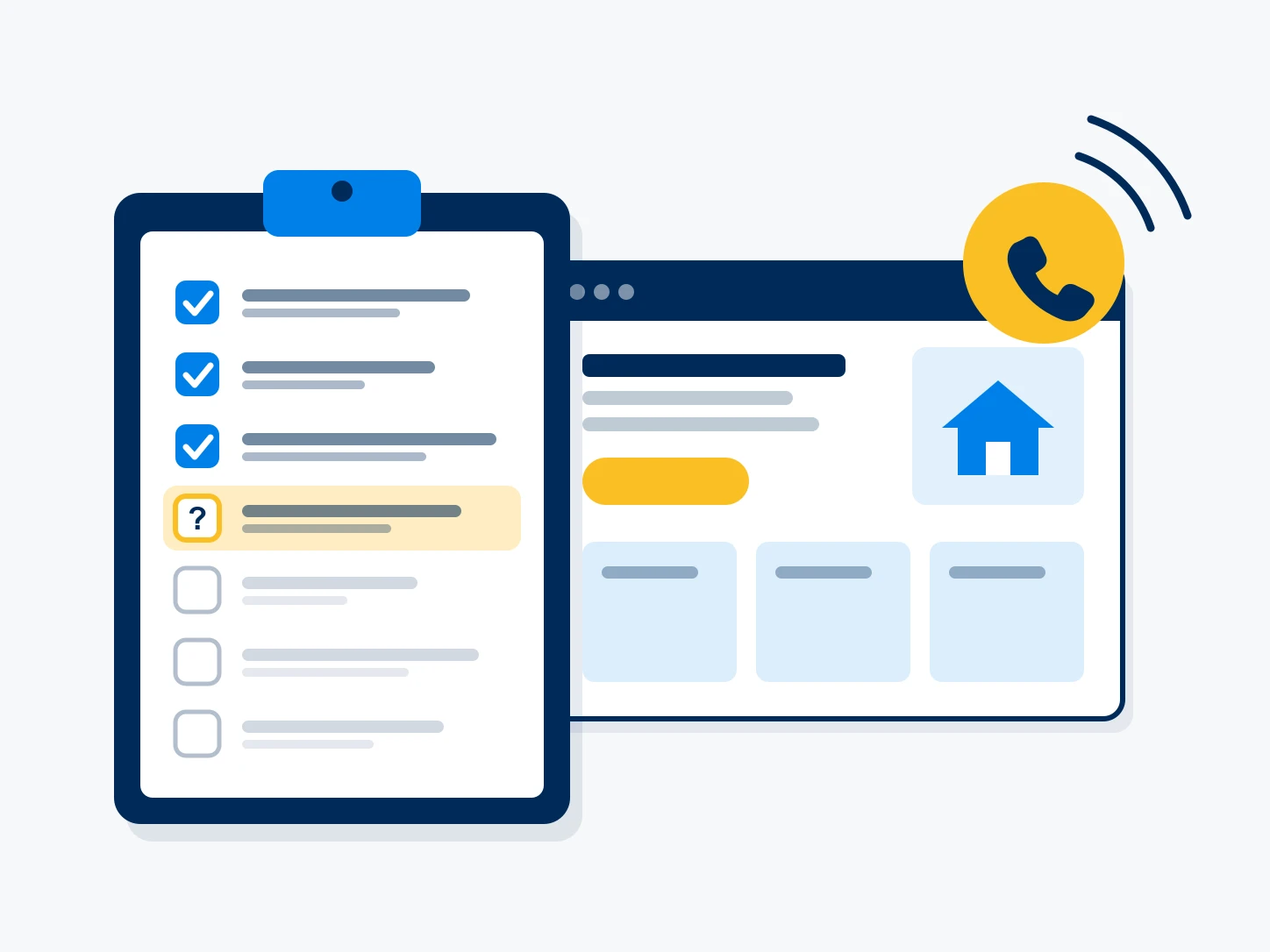 A flat illustration of a clipboard checklist beside a contractor website. Three questions on the clipboard are ticked, the fourth is highlighted in amber with a question mark, and three are still open. The website shows a house icon, a call-to-action button and three service cards, with an amber ringing-phone badge on its corner — the checklist is how you find out whether the site will make the phone ring.