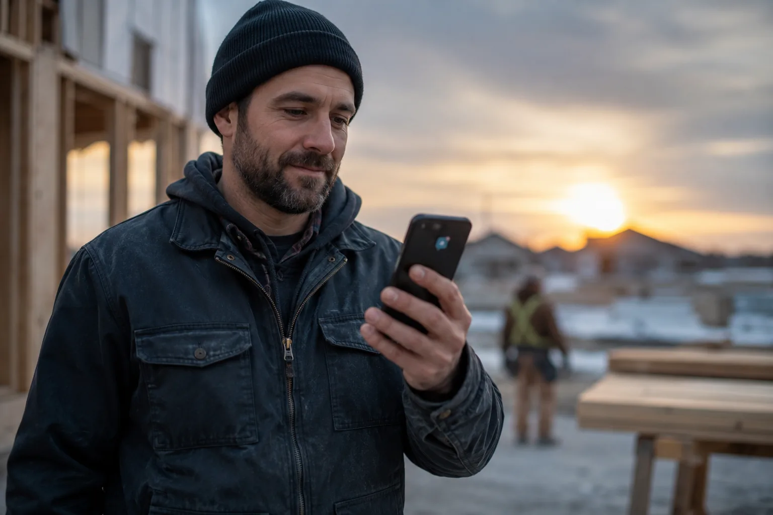 A bearded contractor in a beanie and work jacket checks his phone on a snowy construction site at sunset, a co-worker in a hi-vis vest and stacks of fresh lumber blurred behind him.
