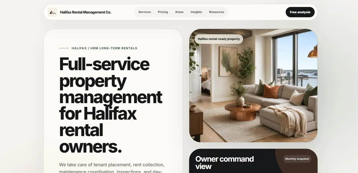 The halifaxrentalmanagement.com homepage: a hero reading "Full-service property management for Halifax rental owners" beside a photograph of a rental-ready Halifax apartment, with an owner command view panel below.