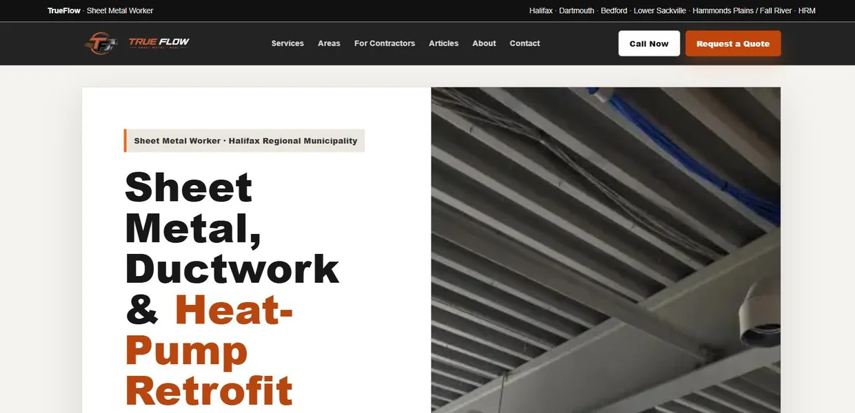 The trueflowhvac.ca homepage: a dark header listing Halifax, Dartmouth, Bedford, Lower Sackville and Hammonds Plains / Fall River, above a hero reading "Sheet Metal, Ductwork & Heat-Pump Retrofit" beside a photograph of installed ductwork.
